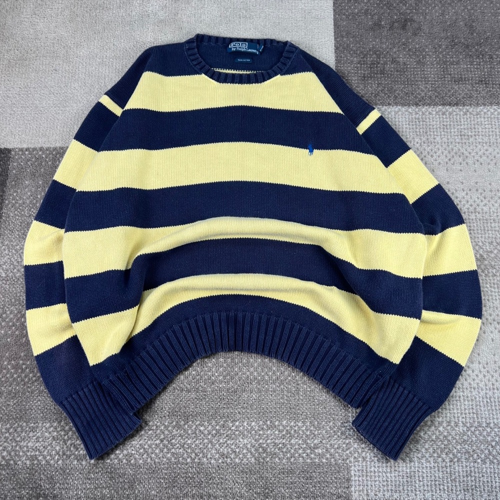 Vintage Polo Ralph Lauren Mens Striped Knit Crewneck Sweater Blue Yellow 2XL